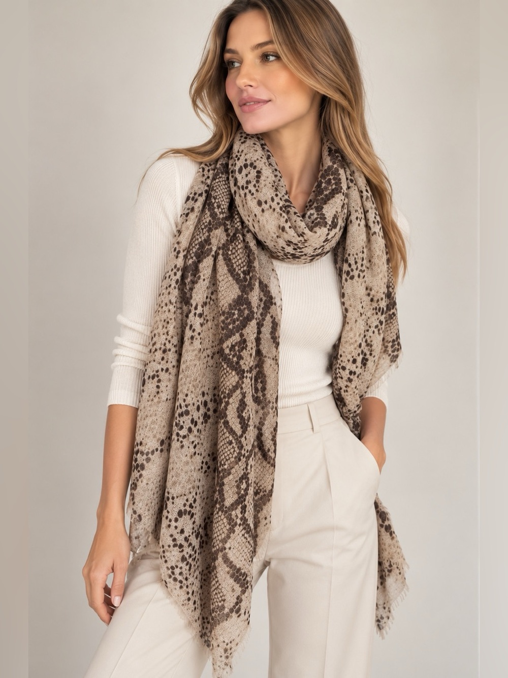 MANGO Beige Brown Snake Print Lightweight Oversized Scarf Wrap